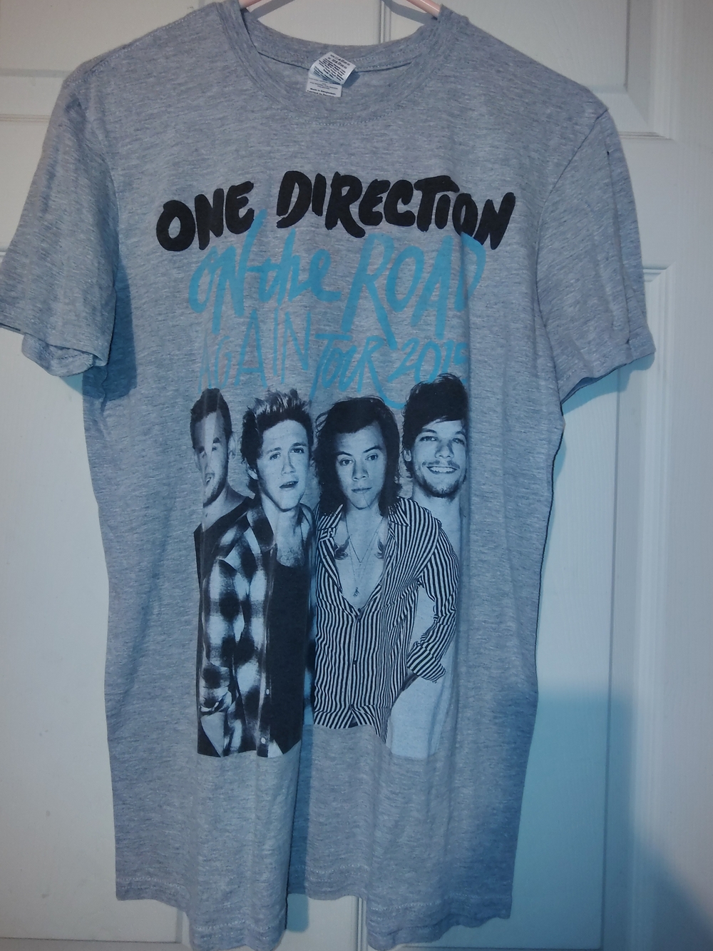 Gildan Heather Gray One Direction Band Photo Tee with Blue Accents